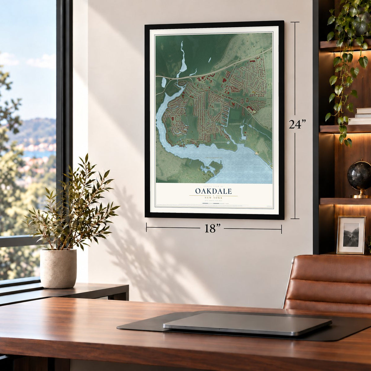 Oakdale, New York map, 18 x 24 inch print in a black frame in a home office