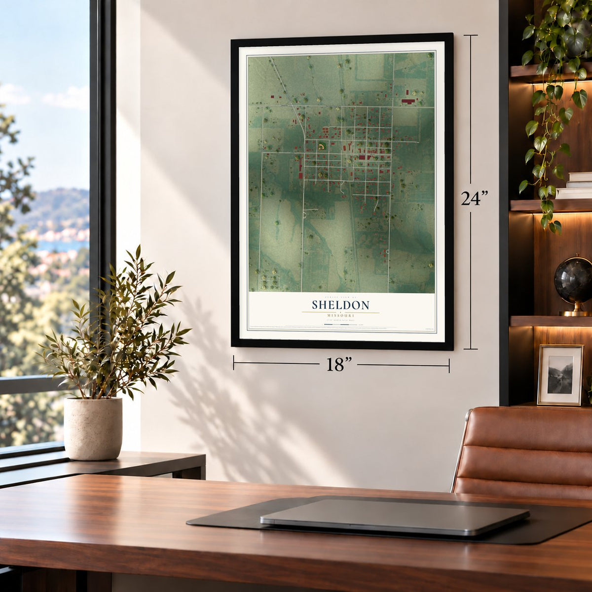 Sheldon, Missouri map, 18 x 24 inch print in a black frame in a home office