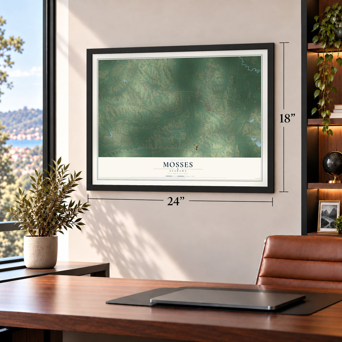 Mosses, Alabama map, 18 x 24 inch print in a black frame in a home office