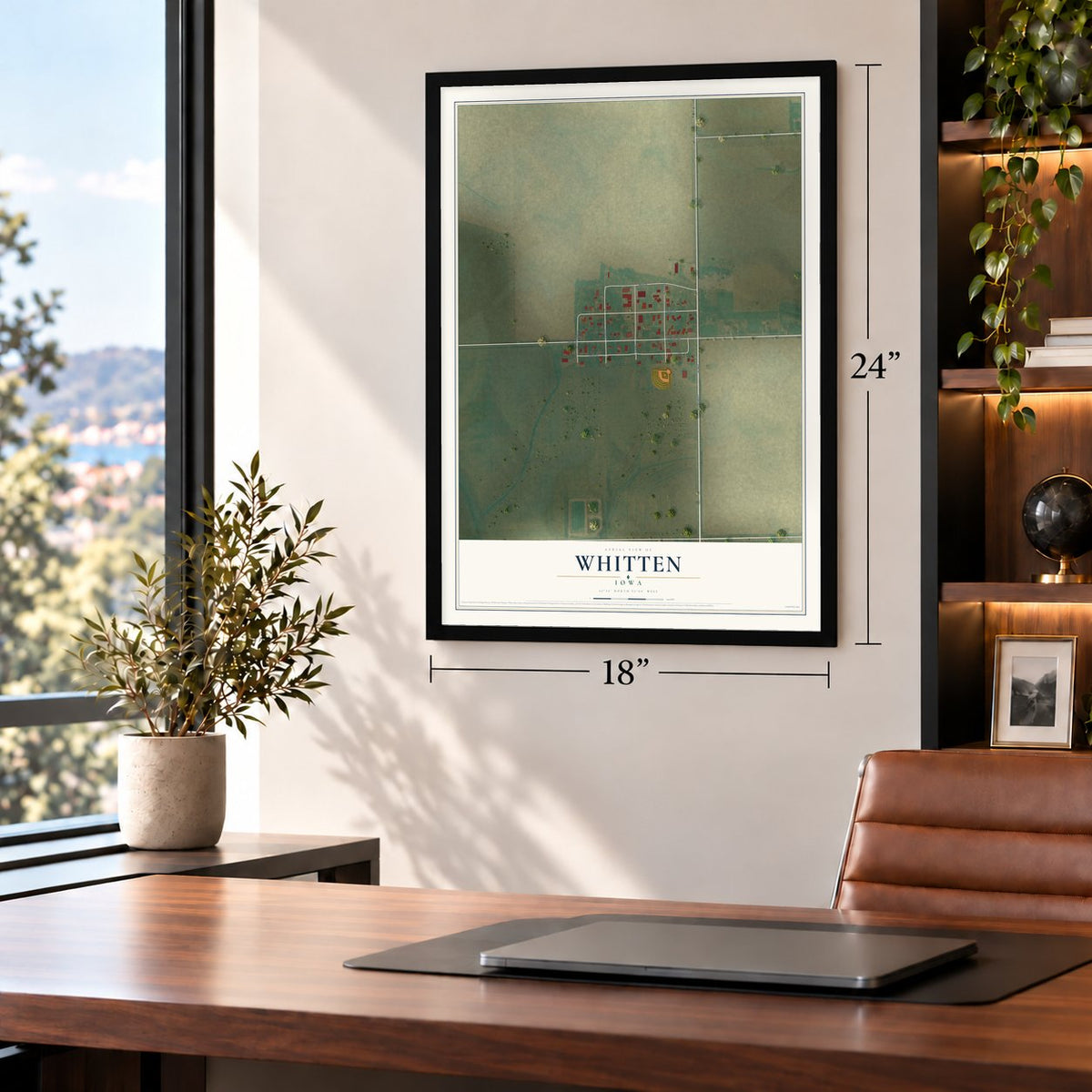 Whitten, Iowa map, 18 x 24 inch print in a black frame in a home office