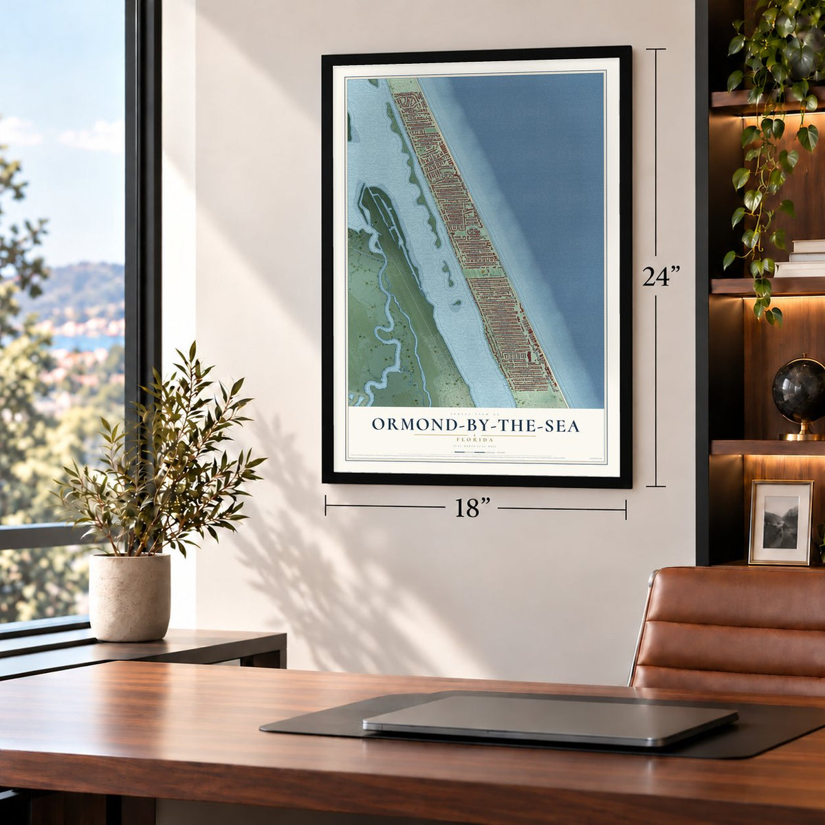 Ormond-by-the-Sea, Florida map, 18 x 24 inch print in a black frame in a home office