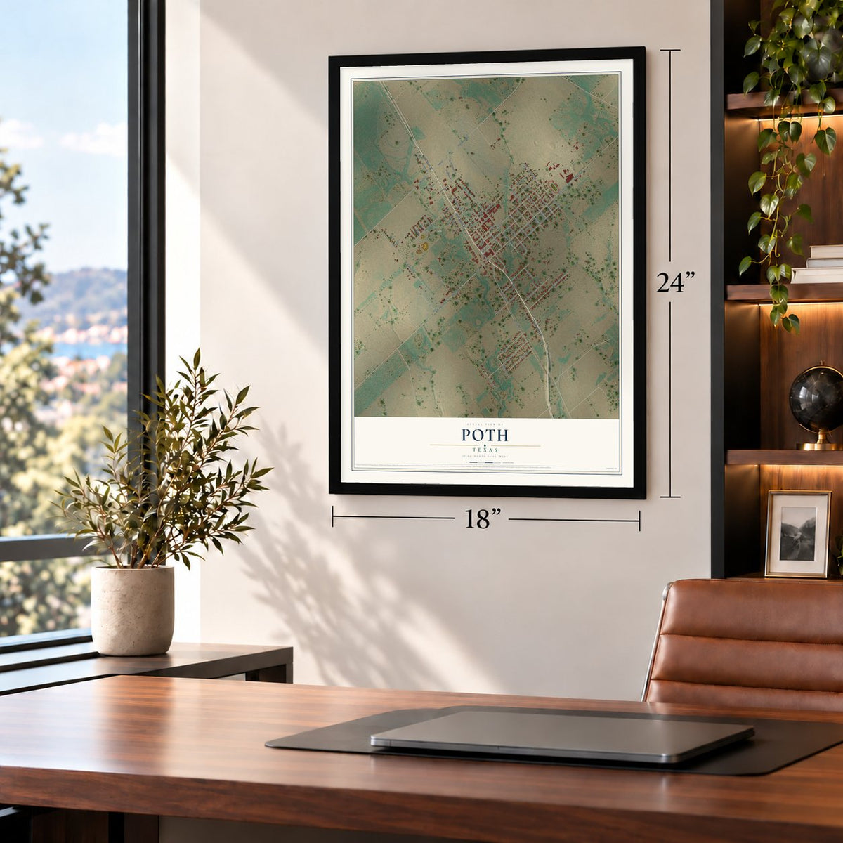 Poth, Texas map, 18 x 24 inch print in a black frame in a home office