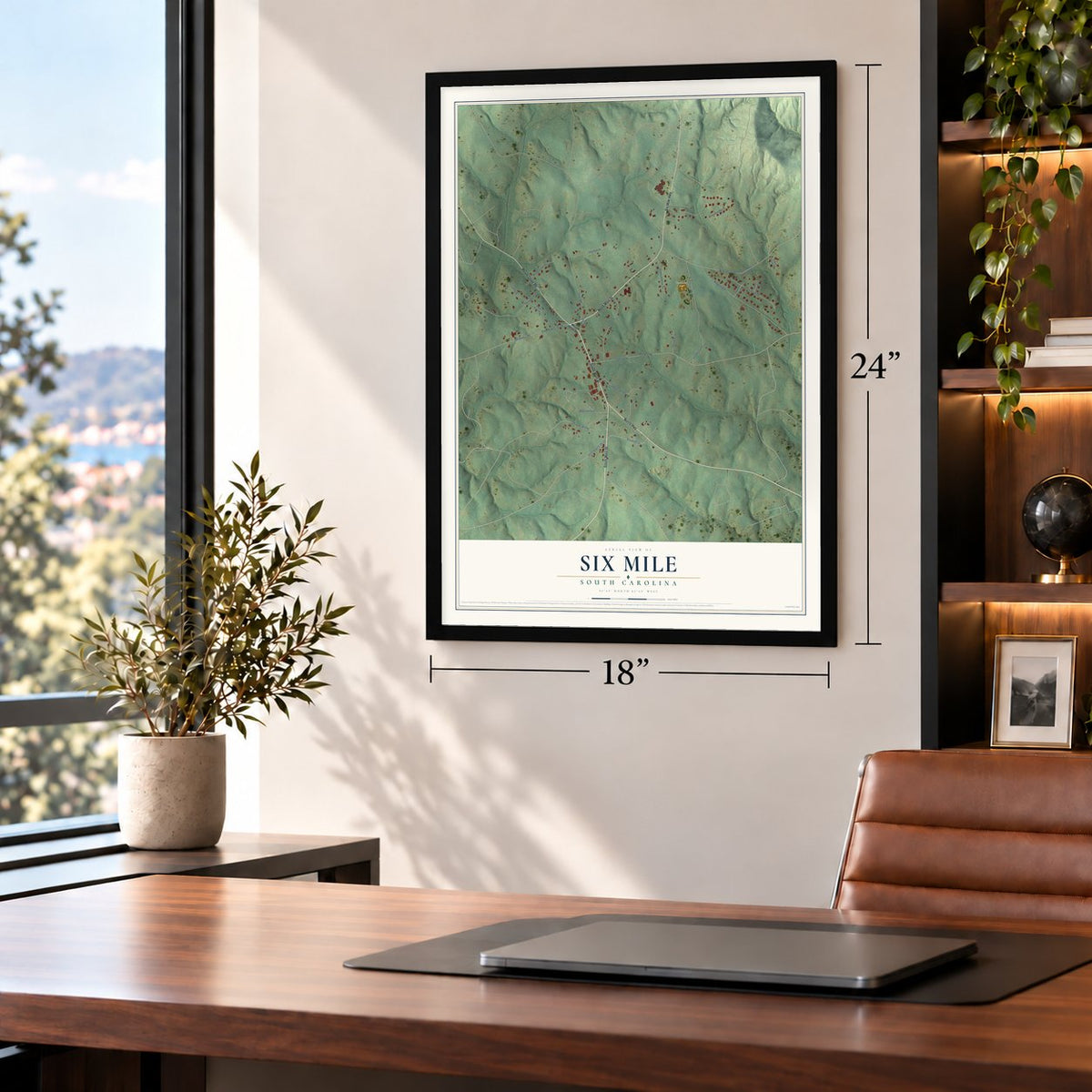 Six Mile, South Carolina map, 18 x 24 inch print in a black frame in a home office