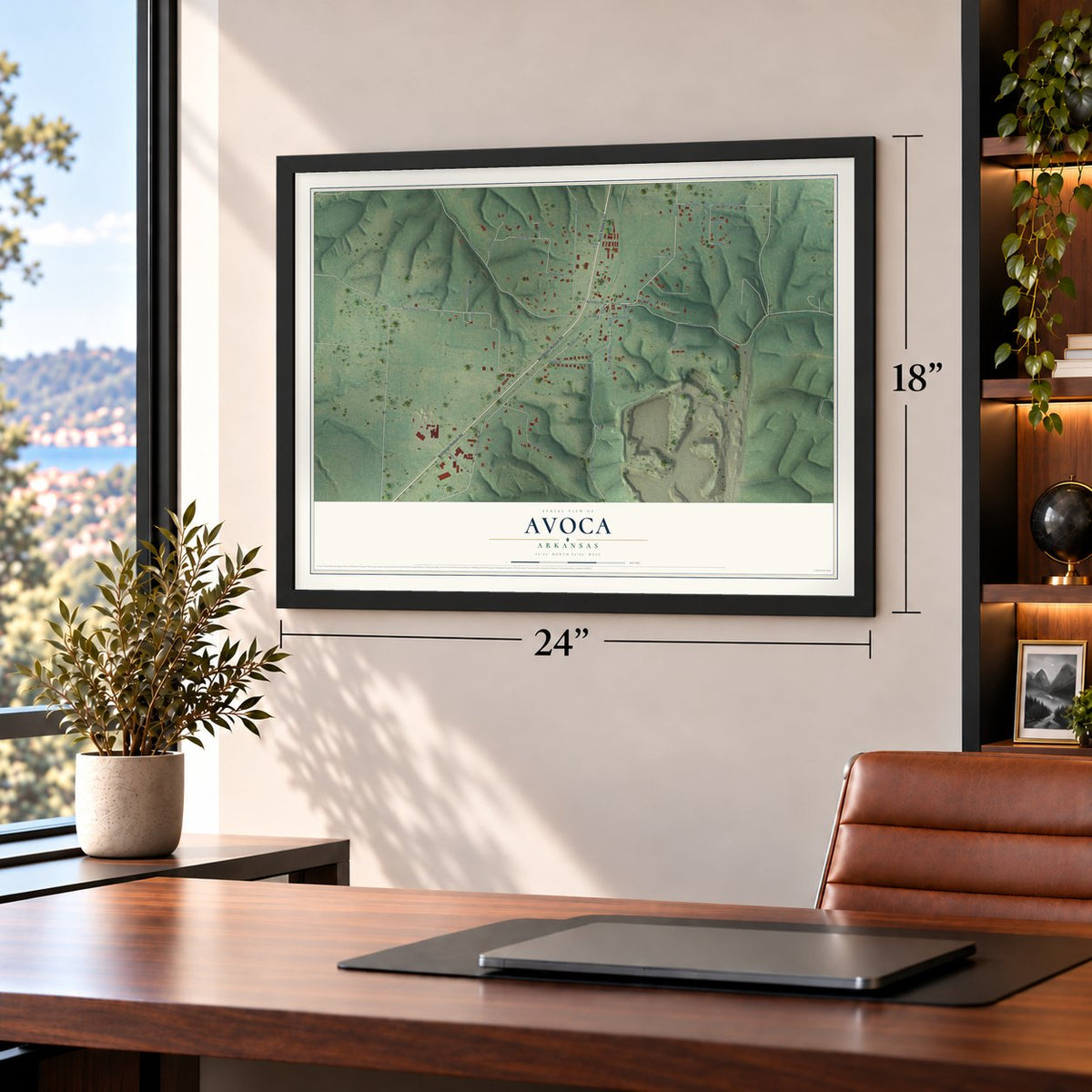 Avoca, Arkansas map, 18 x 24 inch print in a black frame in a home office