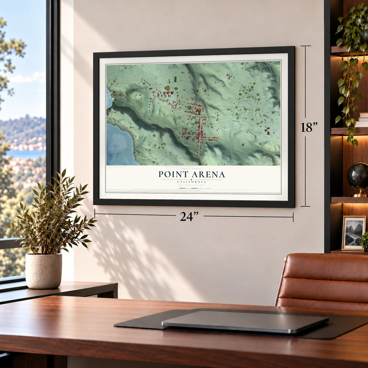 Point Arena, California map, 18 x 24 inch print in a black frame in a home office