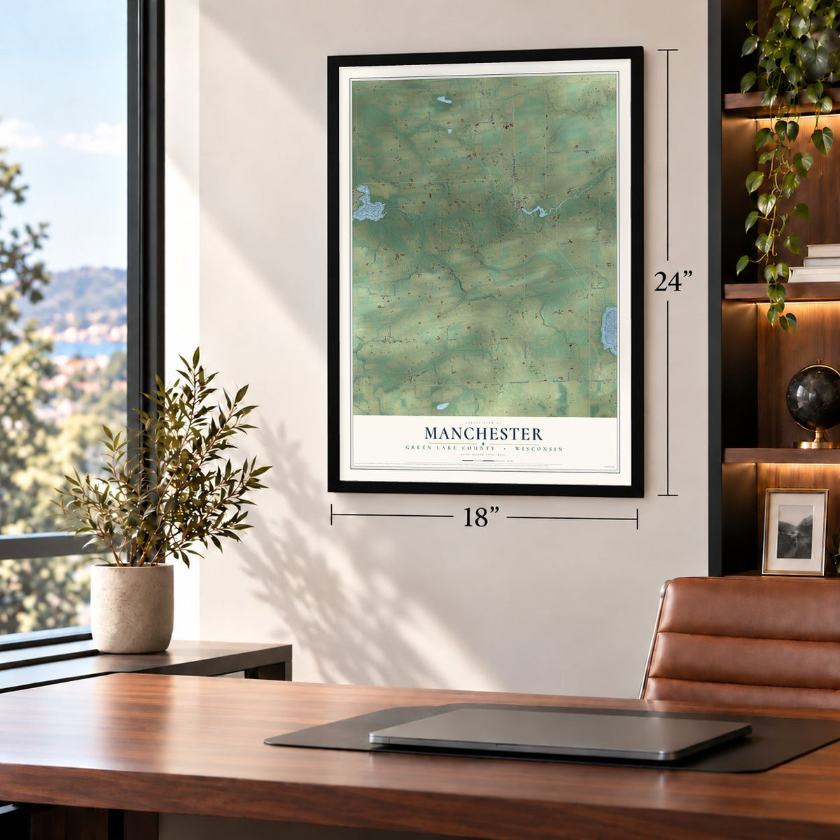 Manchester, Green Lake County, Wisconsin map, 18 x 24 inch print in a black frame in a home office