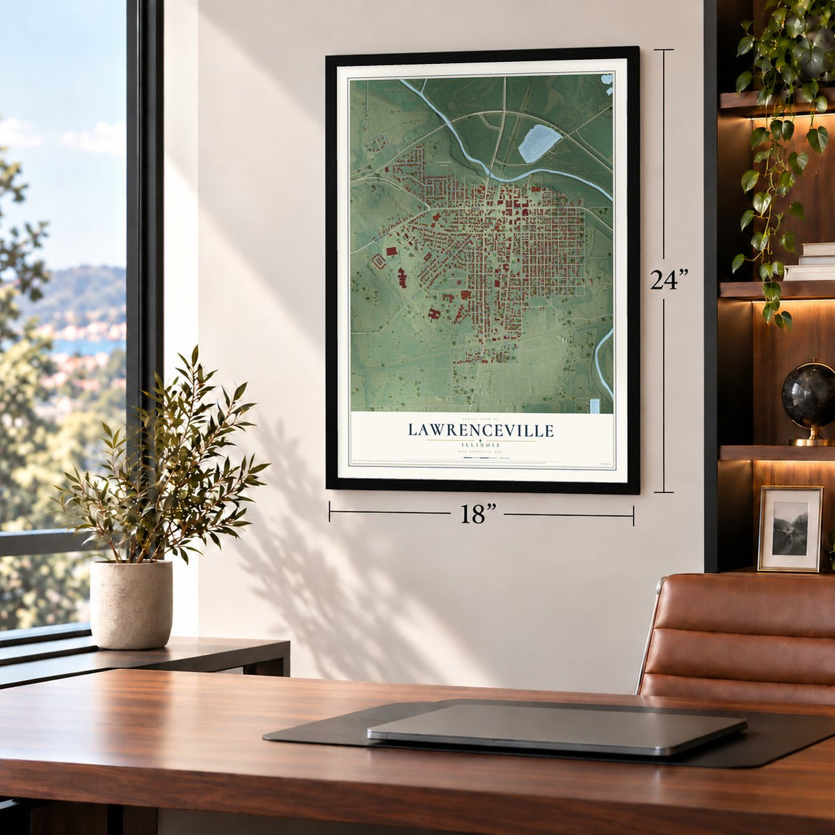 Lawrenceville, Illinois map, 18 x 24 inch print in a black frame in a home office