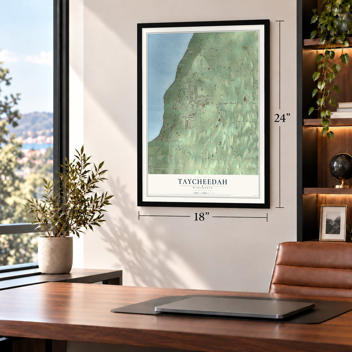 Taycheedah, Wisconsin map, 18 x 24 inch print in a black frame in a home office