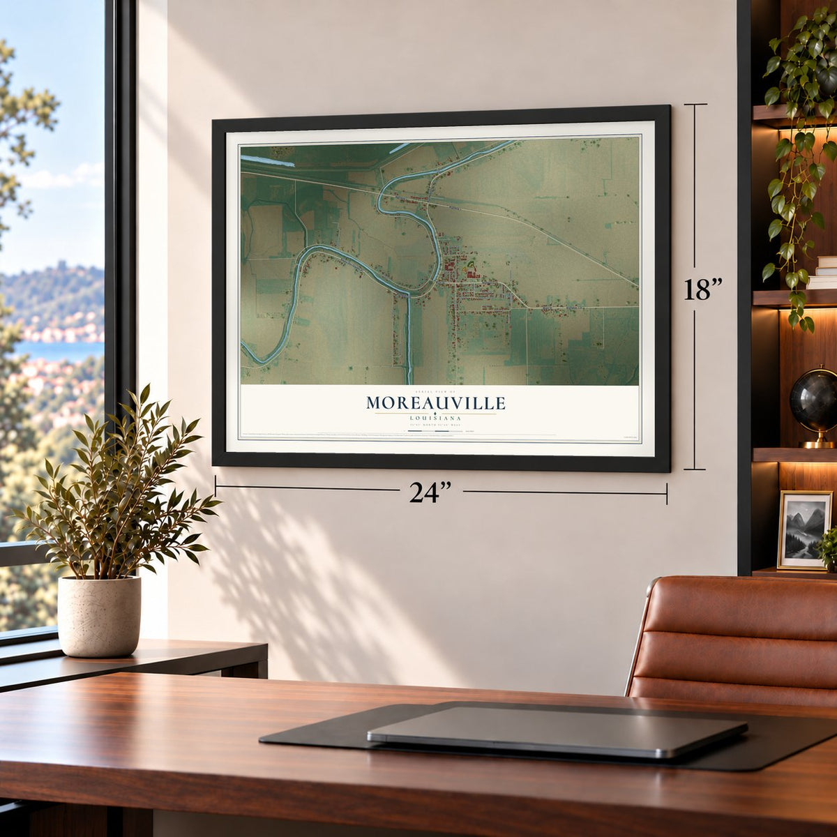 Moreauville, Louisiana map, 18 x 24 inch print in a black frame in a home office