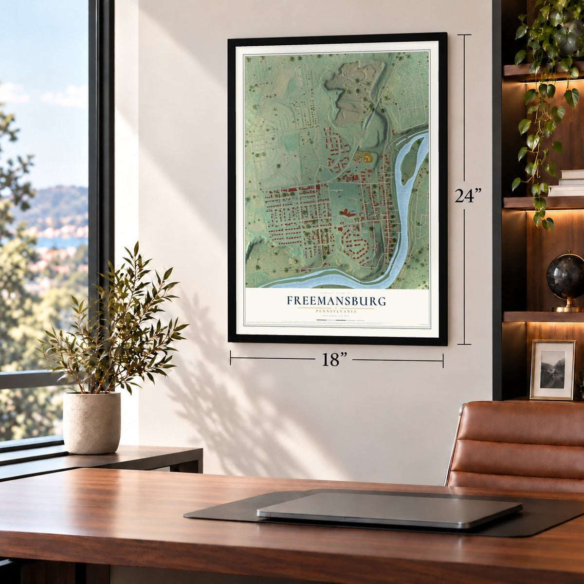 Freemansburg, Pennsylvania map, 18 x 24 inch print in a black frame in a home office