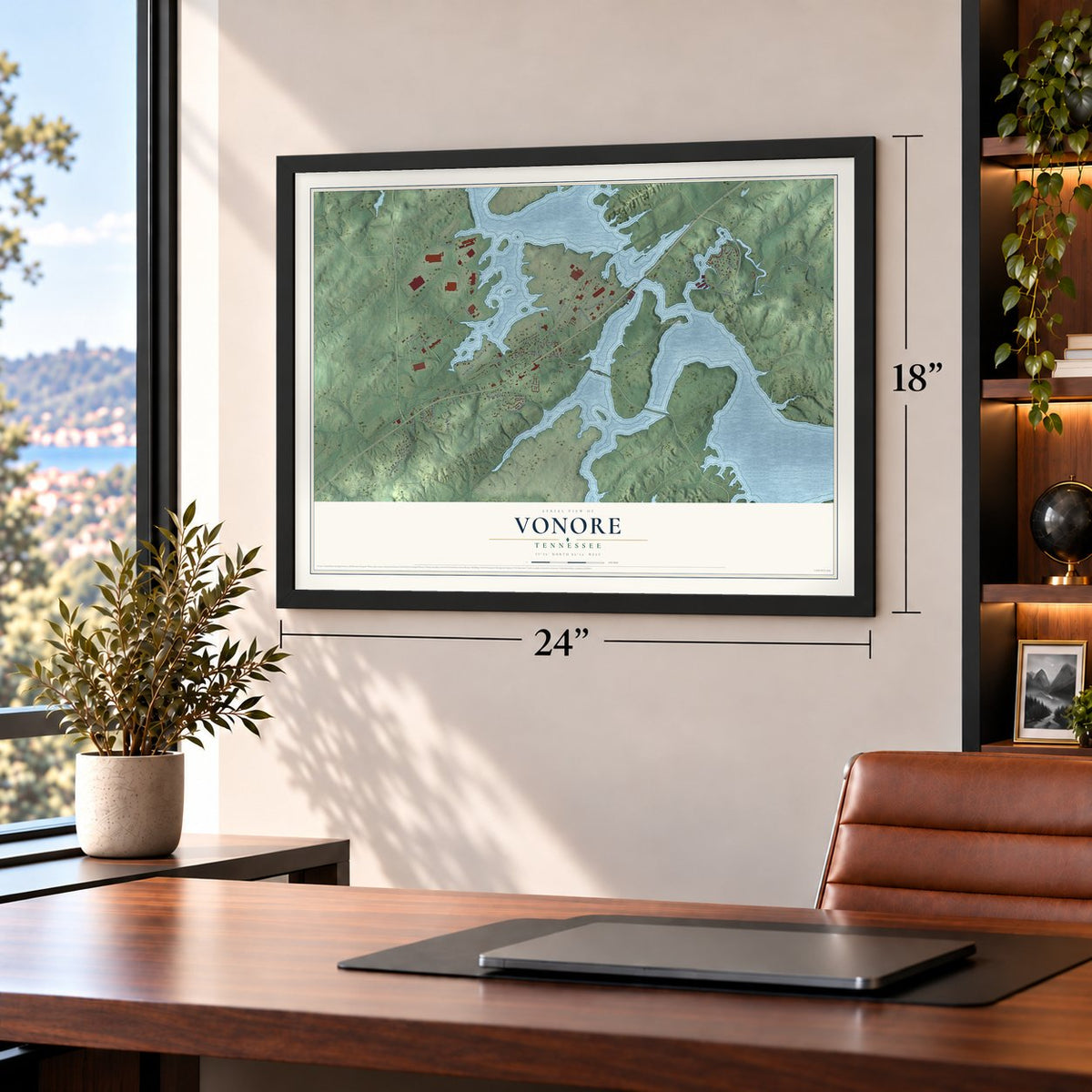 Vonore, Tennessee map, 18 x 24 inch print in a black frame in a home office