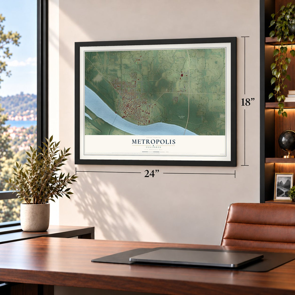 Metropolis, Illinois map, 18 x 24 inch print in a black frame in a home office