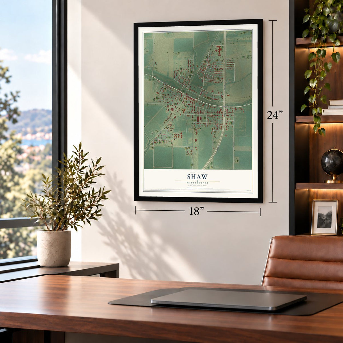 Shaw, Mississippi map, 18 x 24 inch print in a black frame in a home office