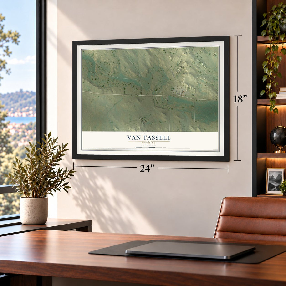 Van Tassell, Wyoming map, 18 x 24 inch print in a black frame in a home office