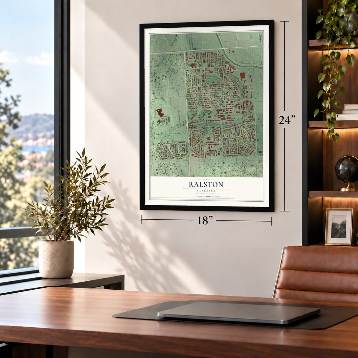 Ralston, Nebraska map, 18 x 24 inch print in a black frame in a home office