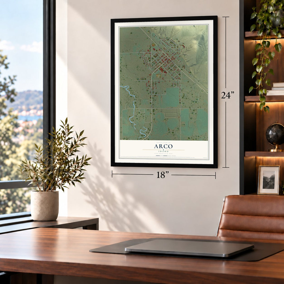 Arco, Idaho map, 18 x 24 inch print in a black frame in a home office