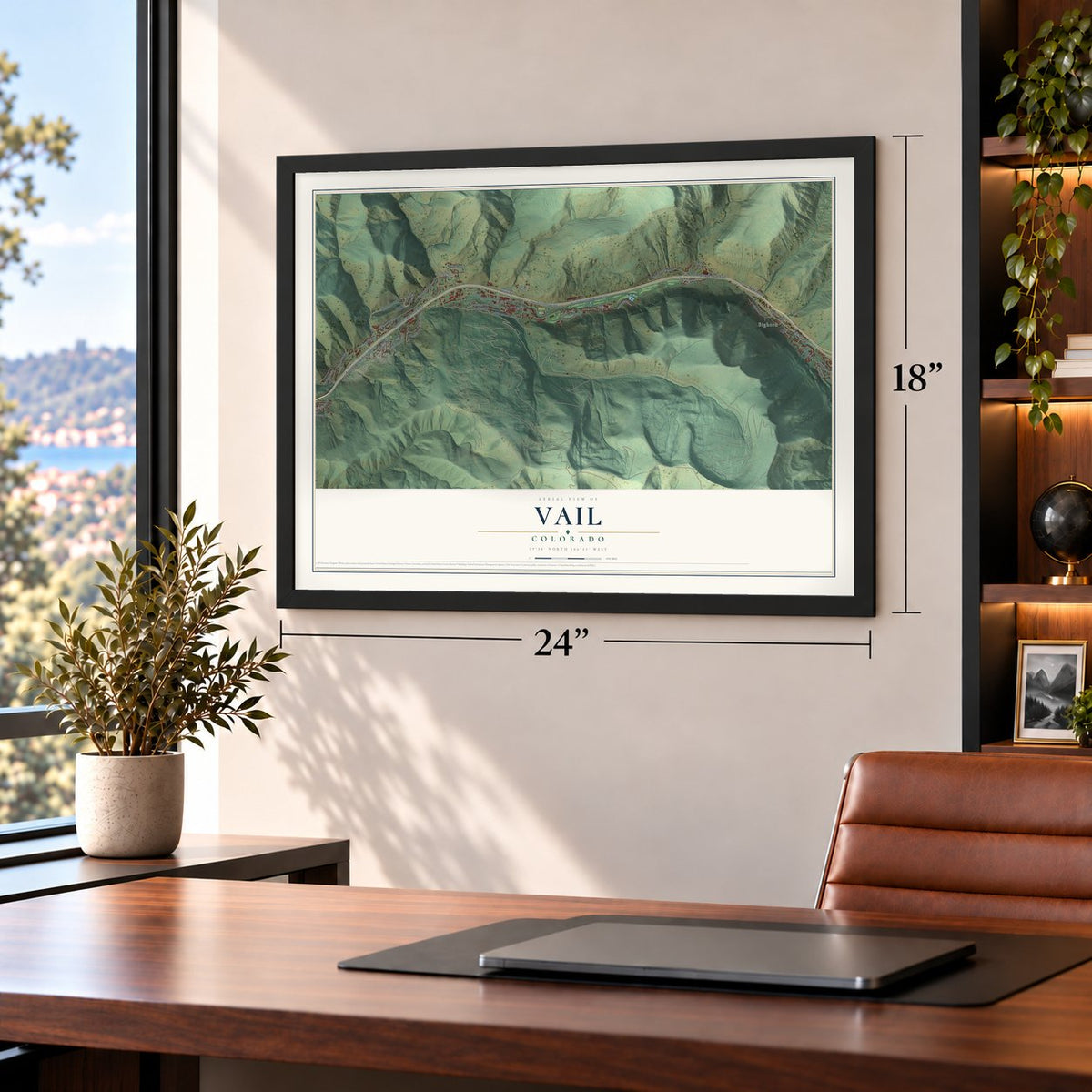 Vail, Colorado map, 18 x 24 inch print in a black frame in a home office