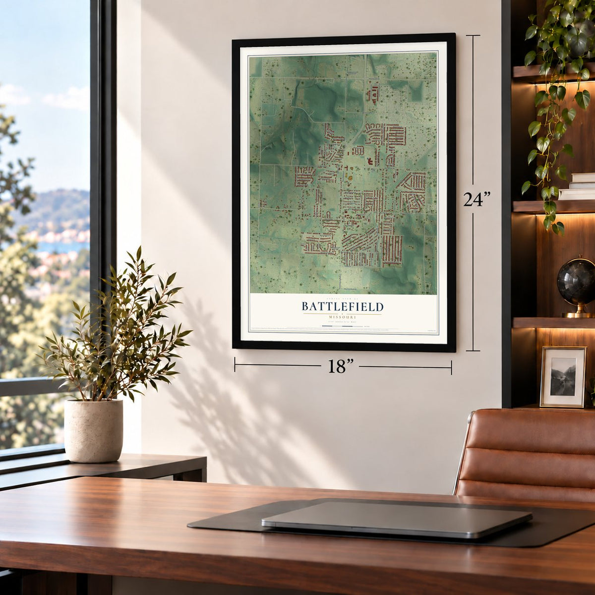 Battlefield, Missouri map, 18 x 24 inch print in a black frame in a home office