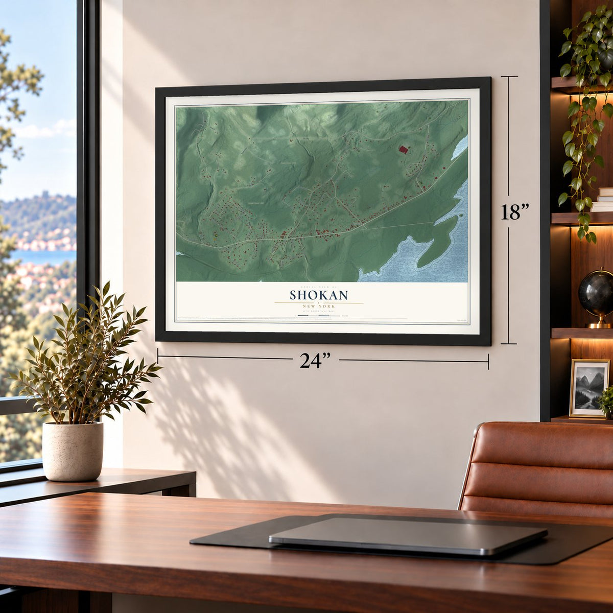 Shokan, New York map, 18 x 24 inch print in a black frame in a home office