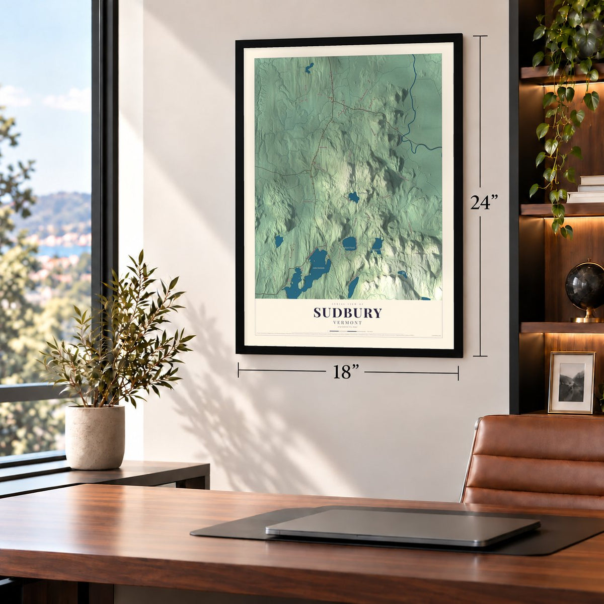Sudbury, Vermont map, 18 x 24 inch print in a black frame in a home office