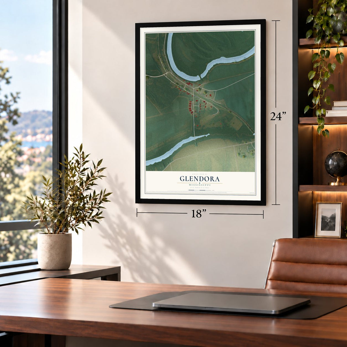Glendora, Mississippi map, 18 x 24 inch print in a black frame in a home office