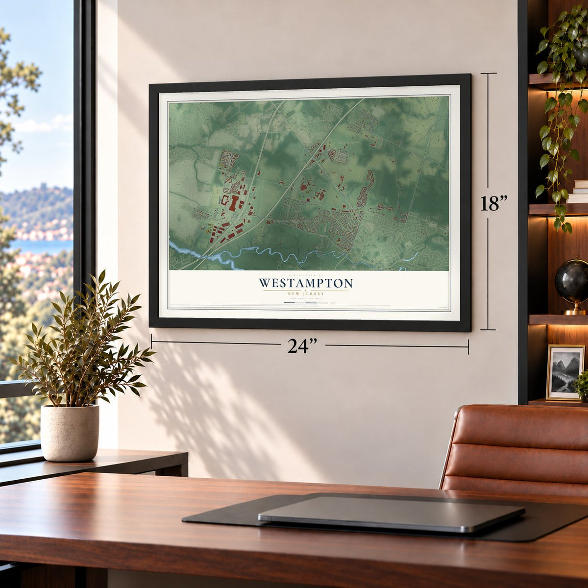 Westampton, New Jersey map, 18 x 24 inch print in a black frame in a home office