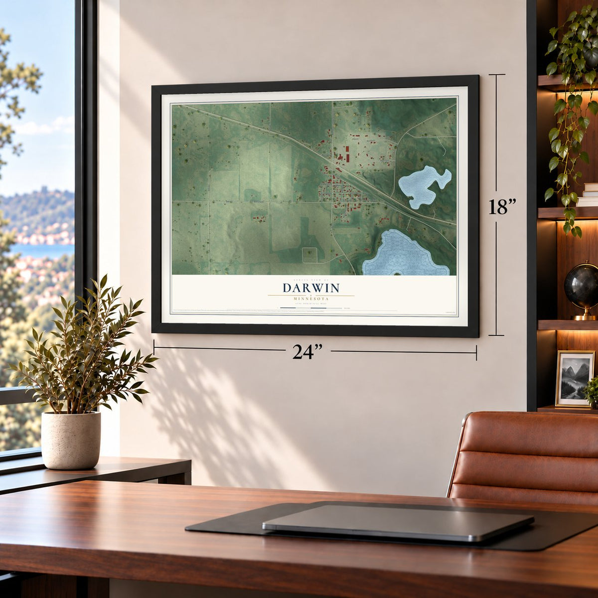 Darwin, Minnesota map, 18 x 24 inch print in a black frame in a home office