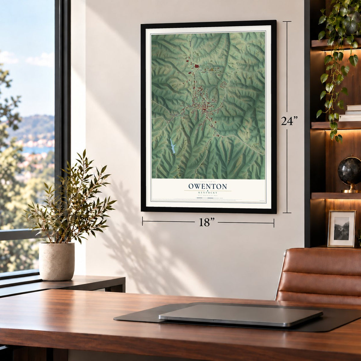 Owenton, Kentucky map, 18 x 24 inch print in a black frame in a home office