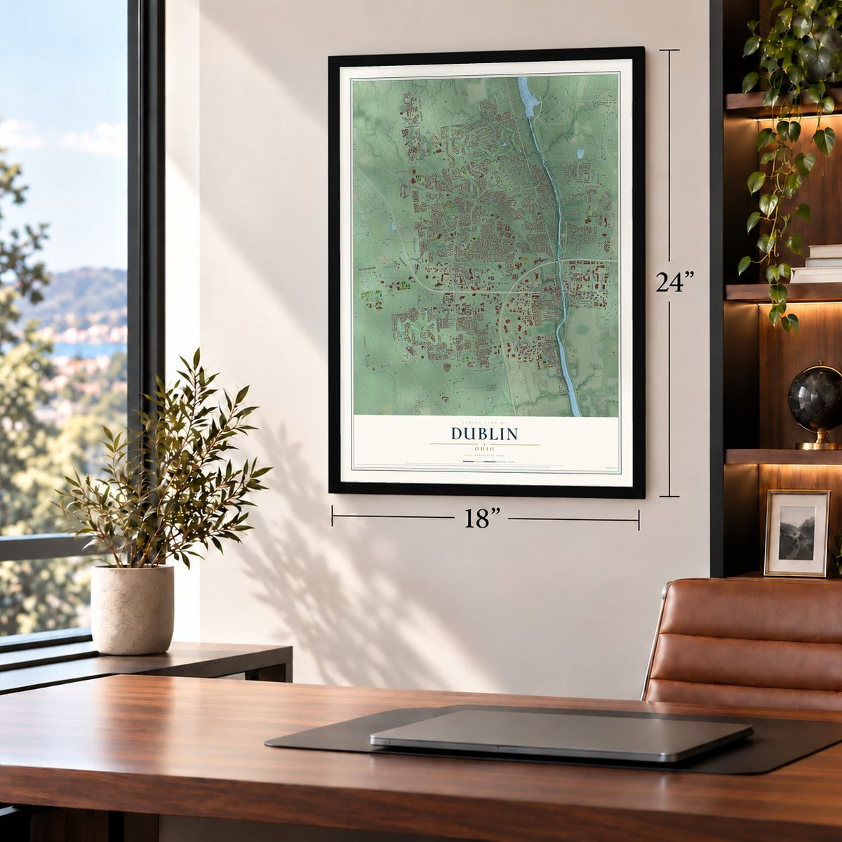 Dublin, Ohio map, 18 x 24 inch print in a black frame in a home office