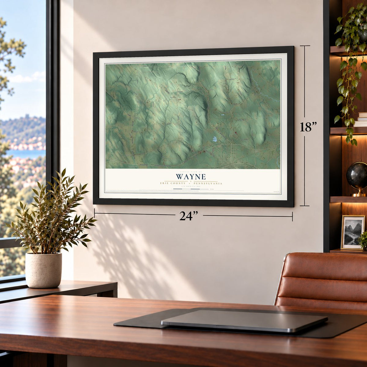 Wayne, Erie County, Pennsylvania map, 18 x 24 inch print in a black frame in a home office