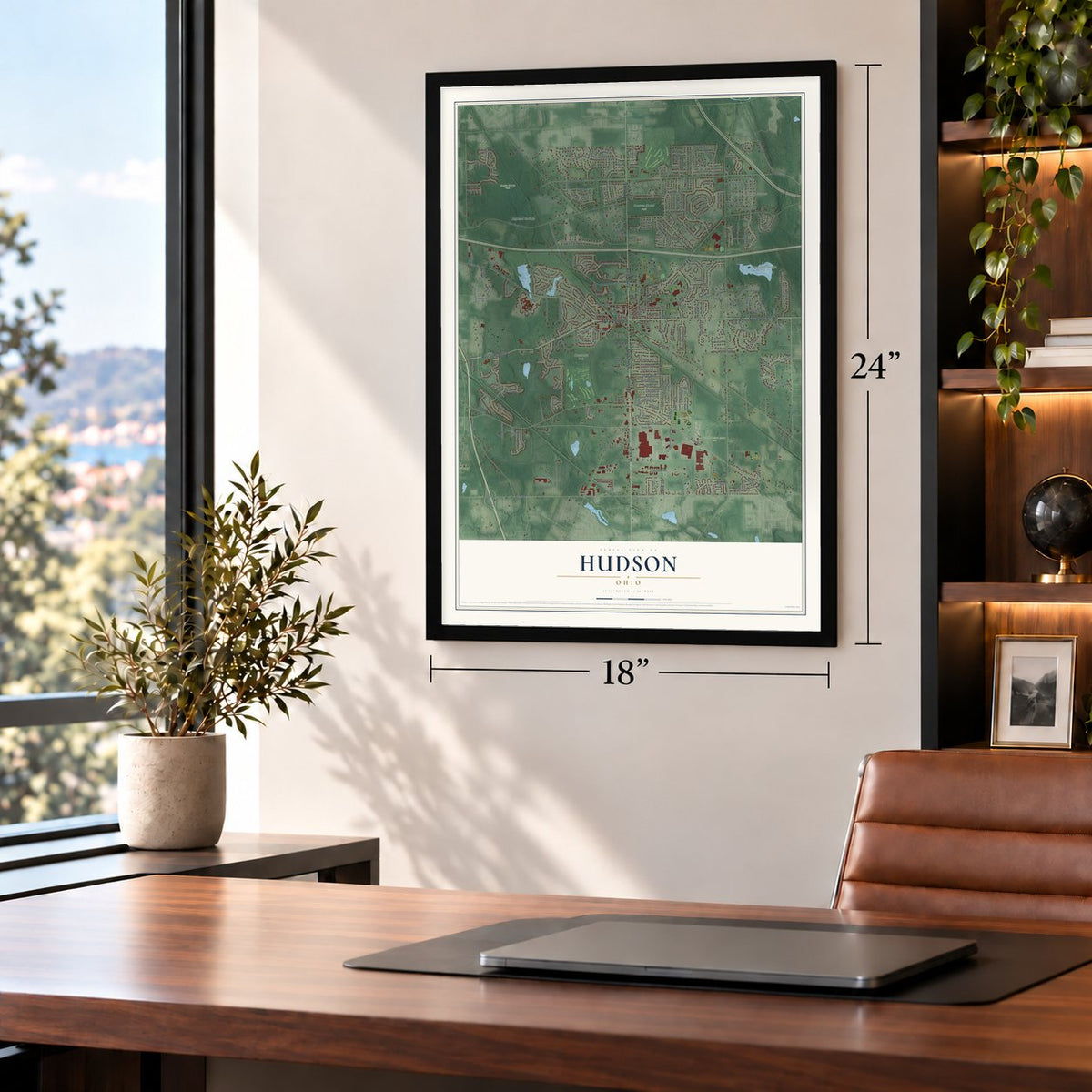 Hudson, Ohio map, 18 x 24 inch print in a black frame in a home office