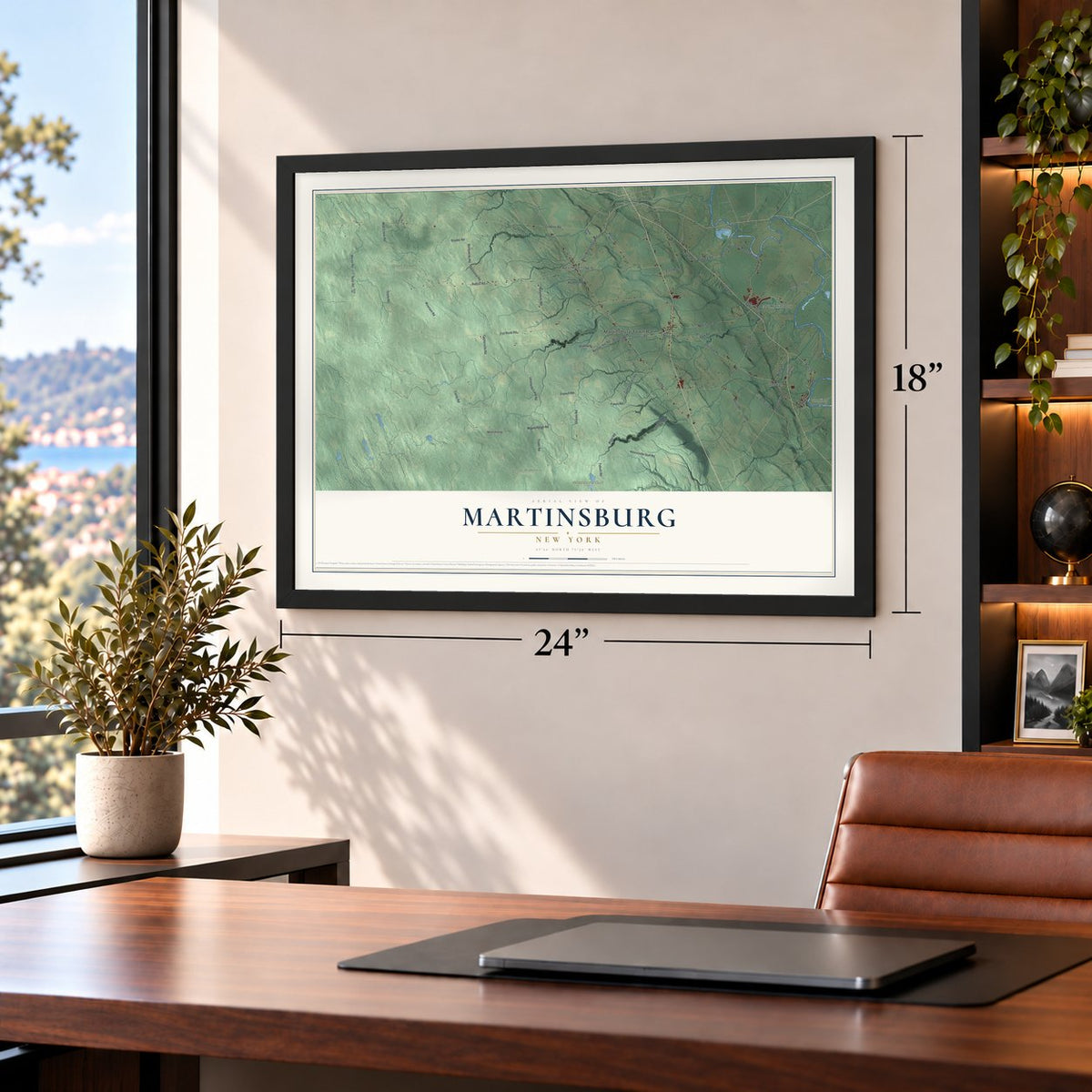 Martinsburg, New York map, 18 x 24 inch print in a black frame in a home office