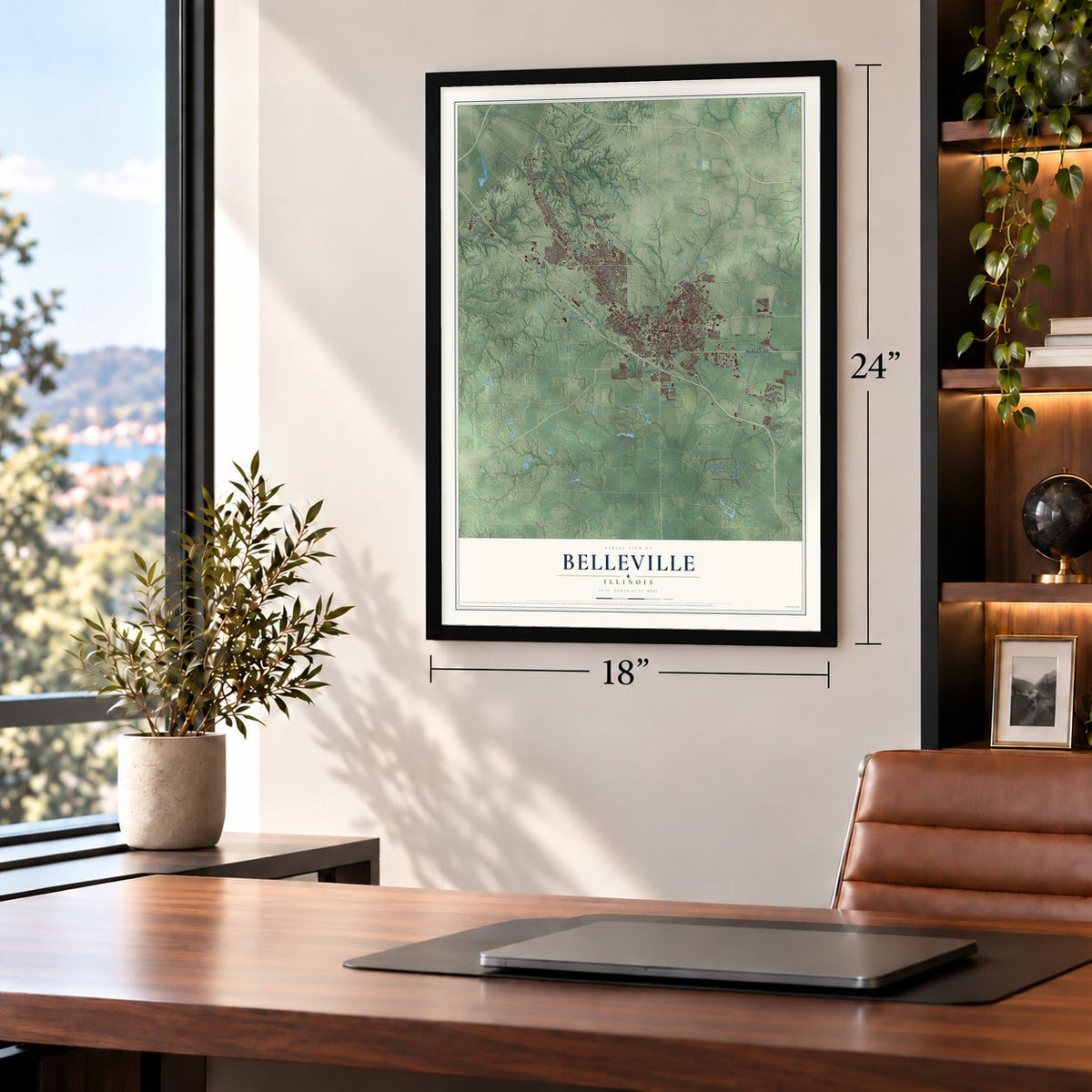 Belleville, Illinois map, 18 x 24 inch print in a black frame in a home office