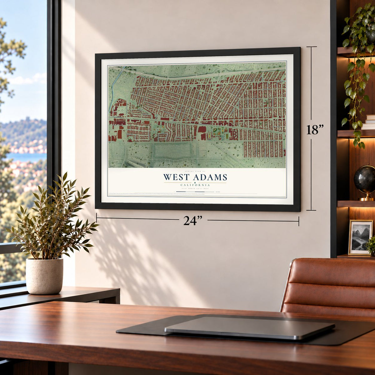 West Adams, California map, 18 x 24 inch print in a black frame in a home office