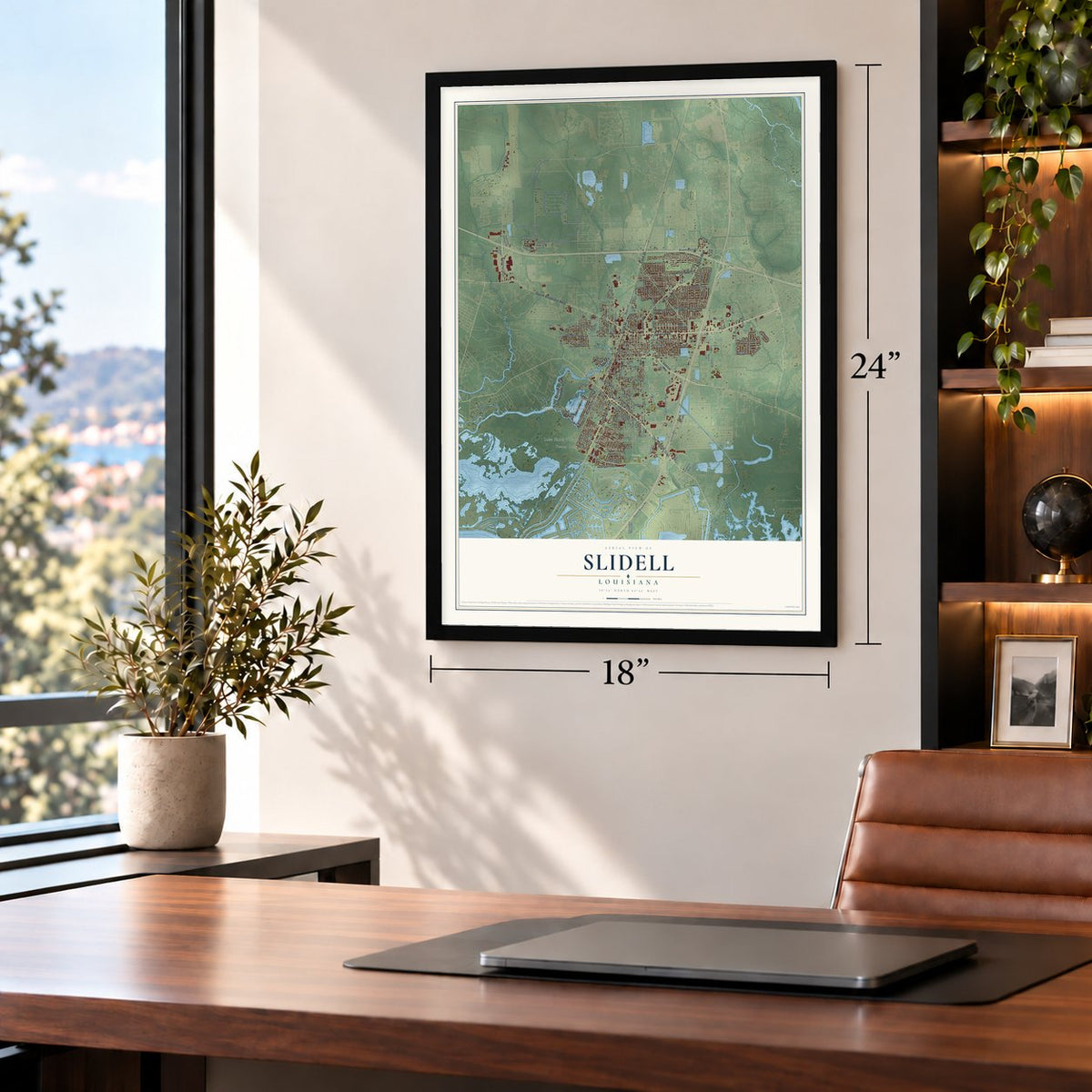 Slidell, Louisiana map, 18 x 24 inch print in a black frame in a home office