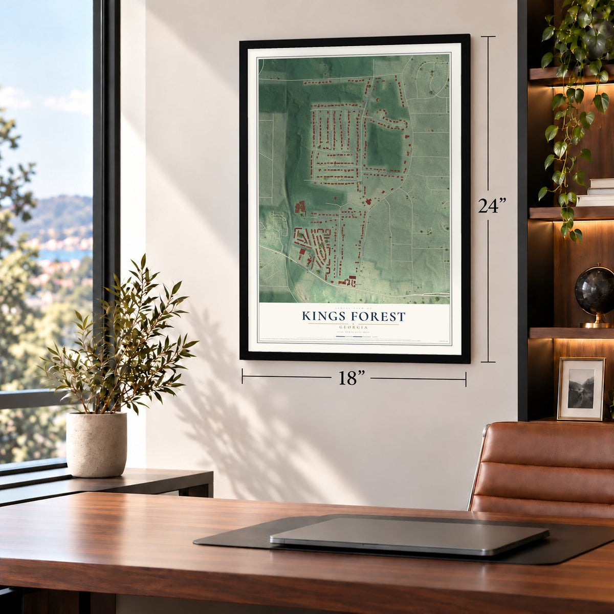 Kings Forest, Georgia map, 18 x 24 inch print in a black frame in a home office