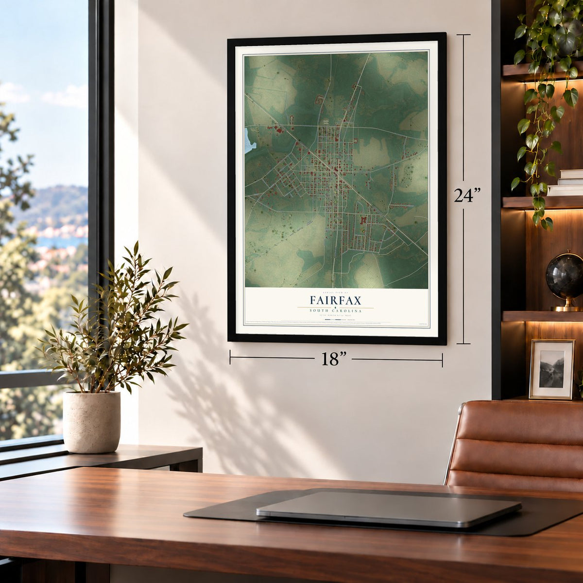 Fairfax, South Carolina map, 18 x 24 inch print in a black frame in a home office