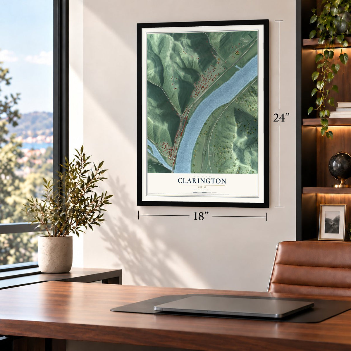 Clarington, Ohio map, 18 x 24 inch print in a black frame in a home office
