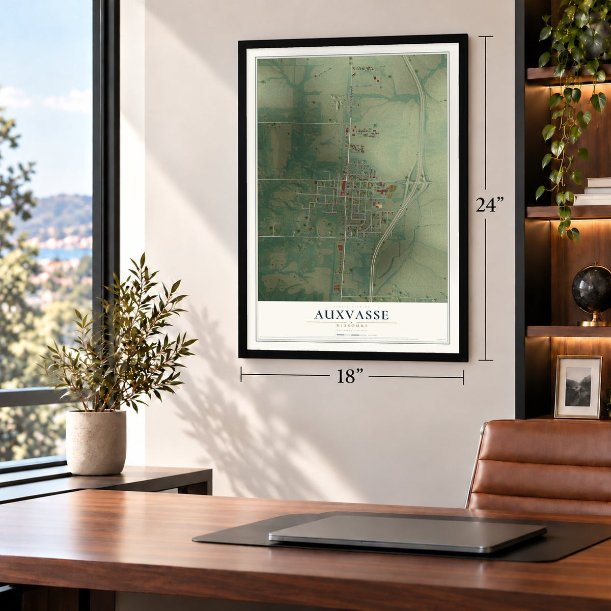 Auxvasse, Missouri map, 18 x 24 inch print in a black frame in a home office