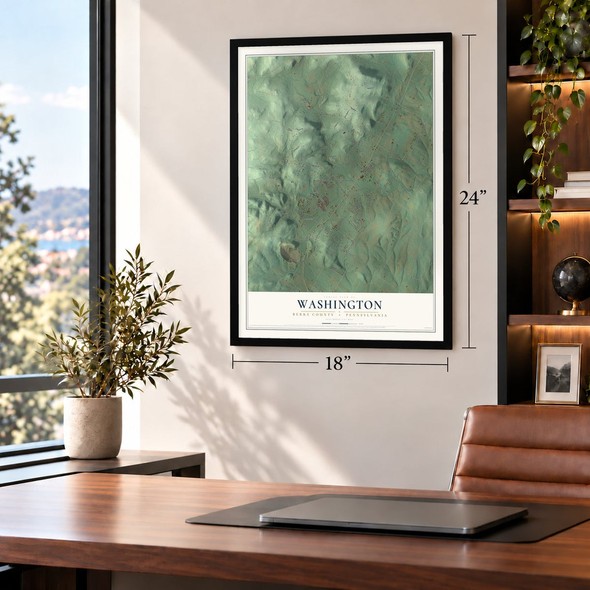 Washington, Berks County, Pennsylvania map, 18 x 24 inch print in a black frame in a home office