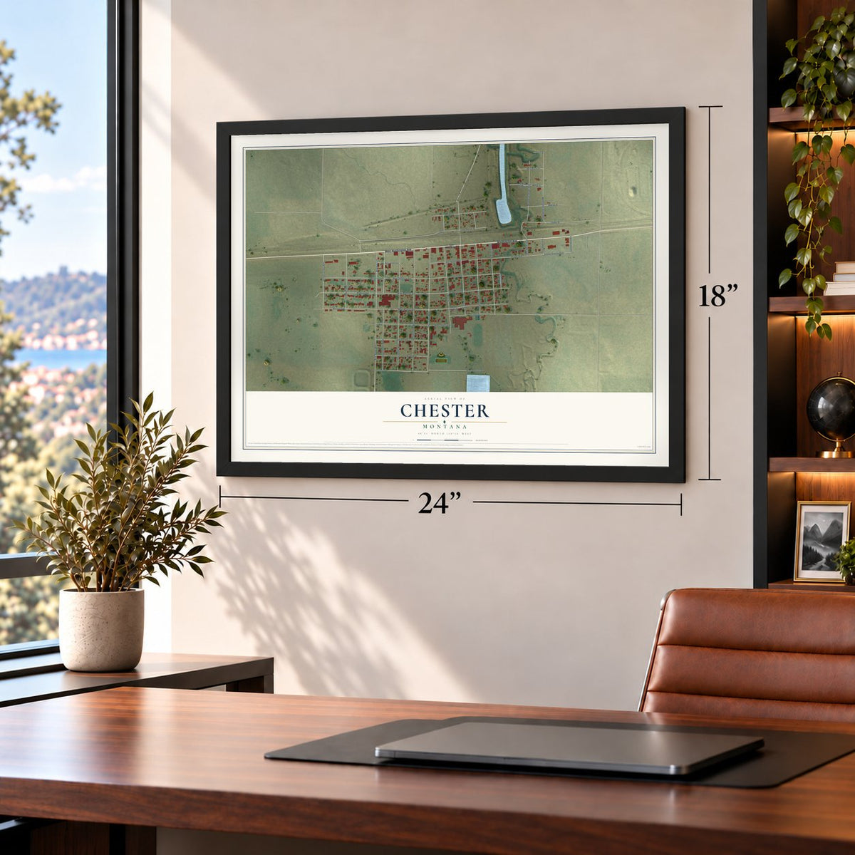Chester, Montana map, 18 x 24 inch print in a black frame in a home office