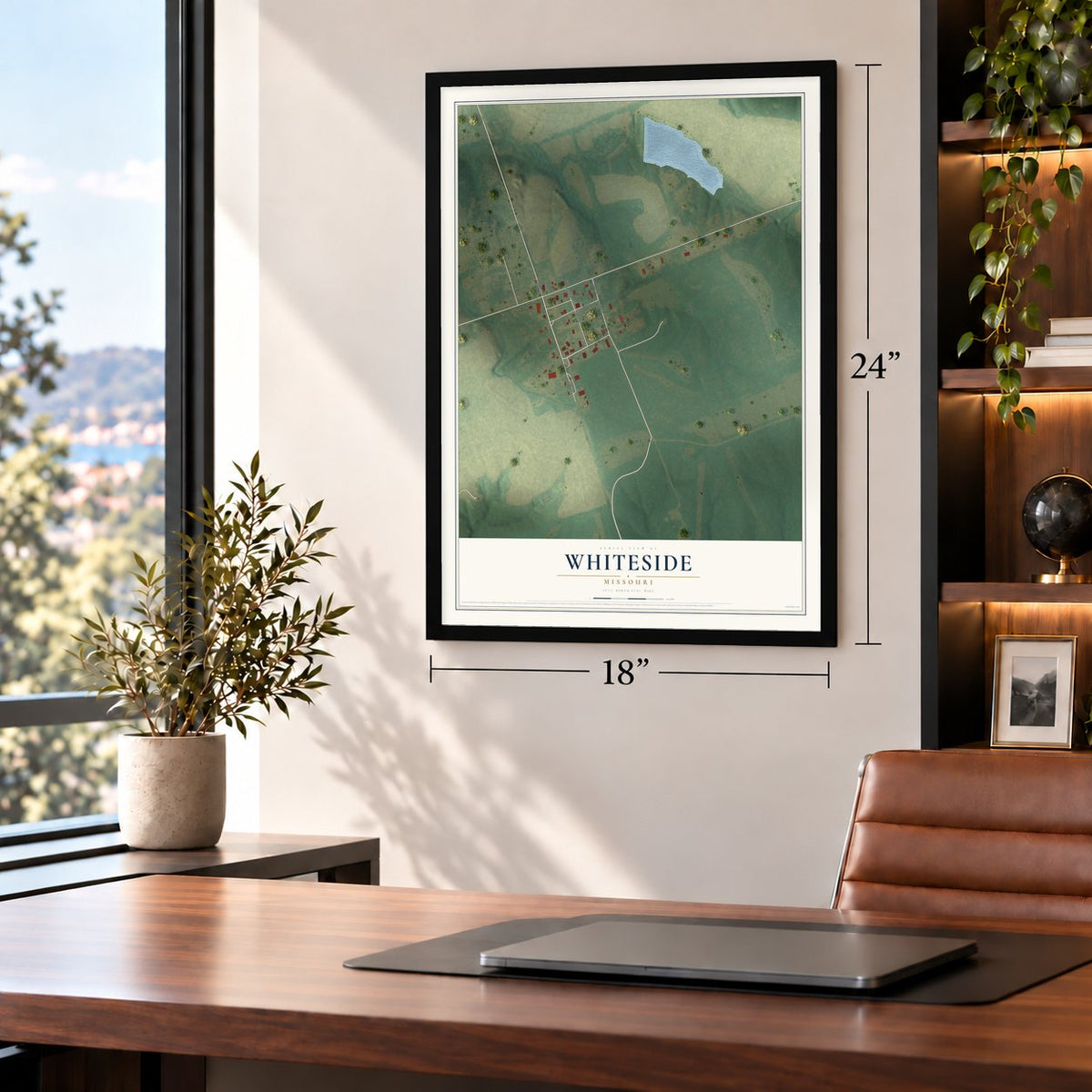 Whiteside, Missouri map, 18 x 24 inch print in a black frame in a home office