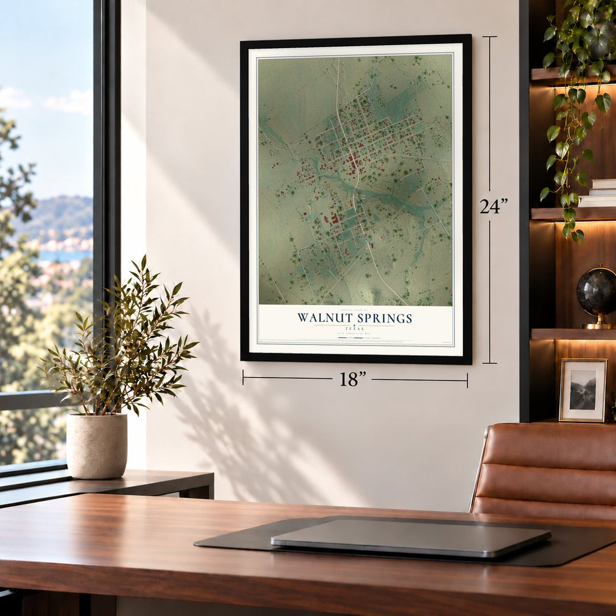 Walnut Springs, Texas map, 18 x 24 inch print in a black frame in a home office