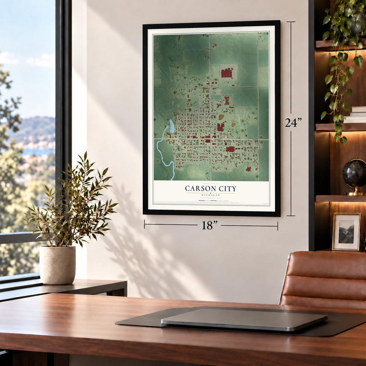 Carson City, Michigan map, 18 x 24 inch print in a black frame in a home office
