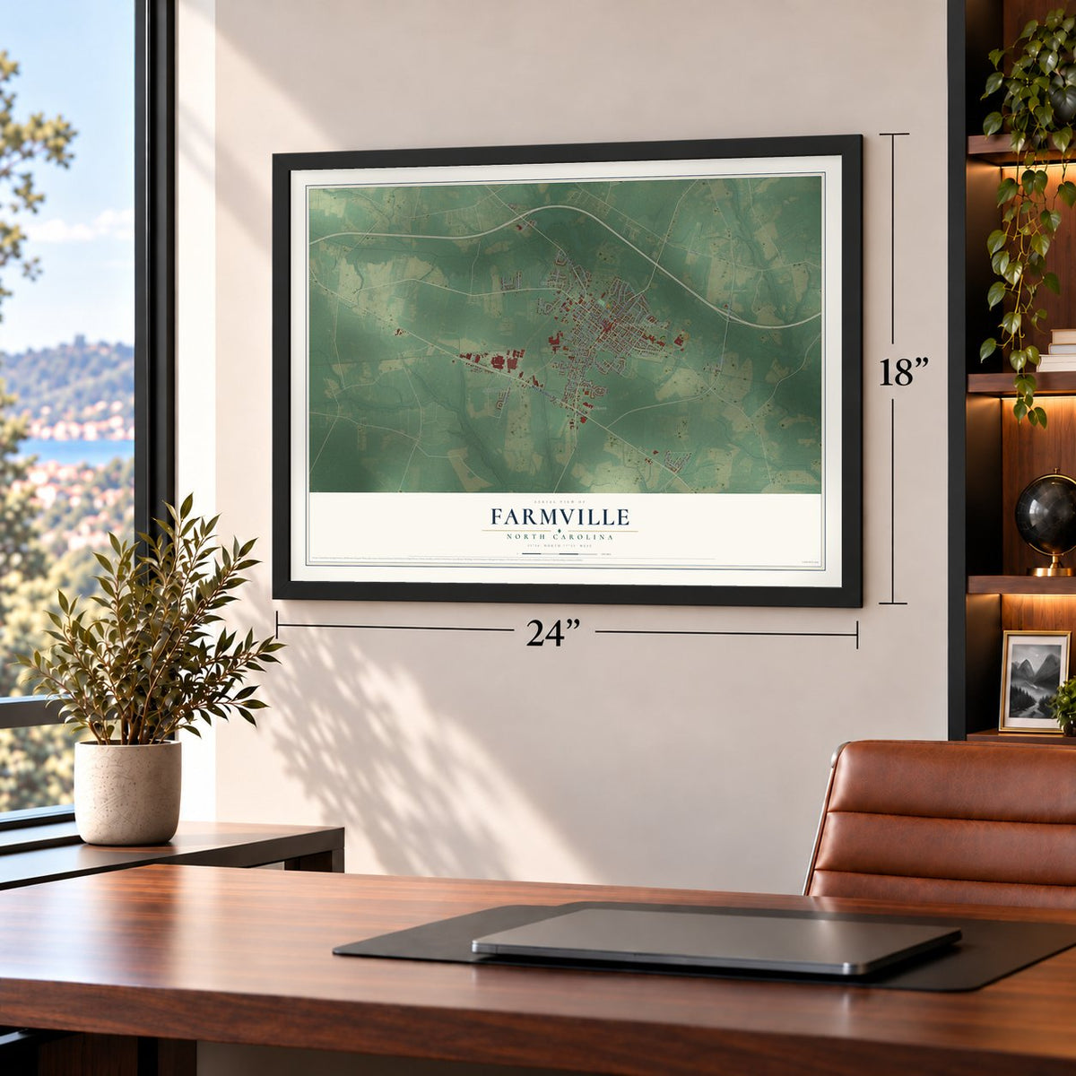 Farmville, North Carolina map, 18 x 24 inch print in a black frame in a home office