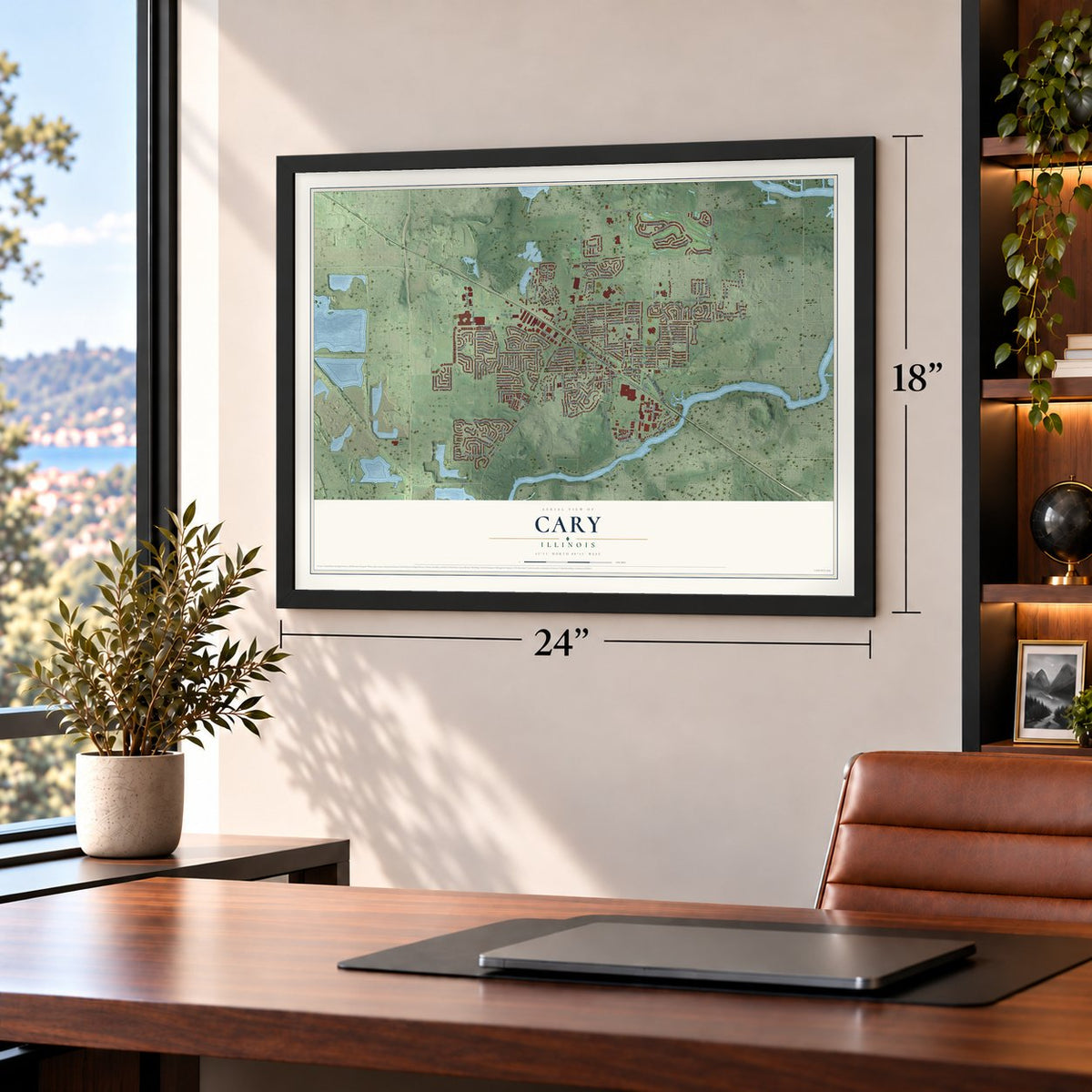 Cary, Illinois map, 18 x 24 inch print in a black frame in a home office