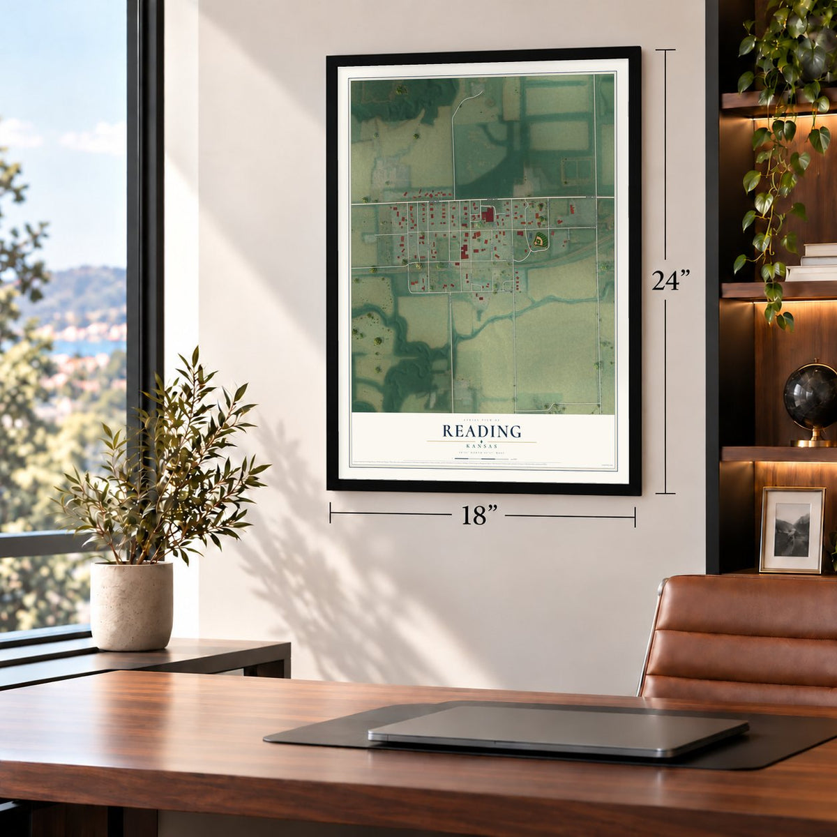 Reading, Kansas map, 18 x 24 inch print in a black frame in a home office