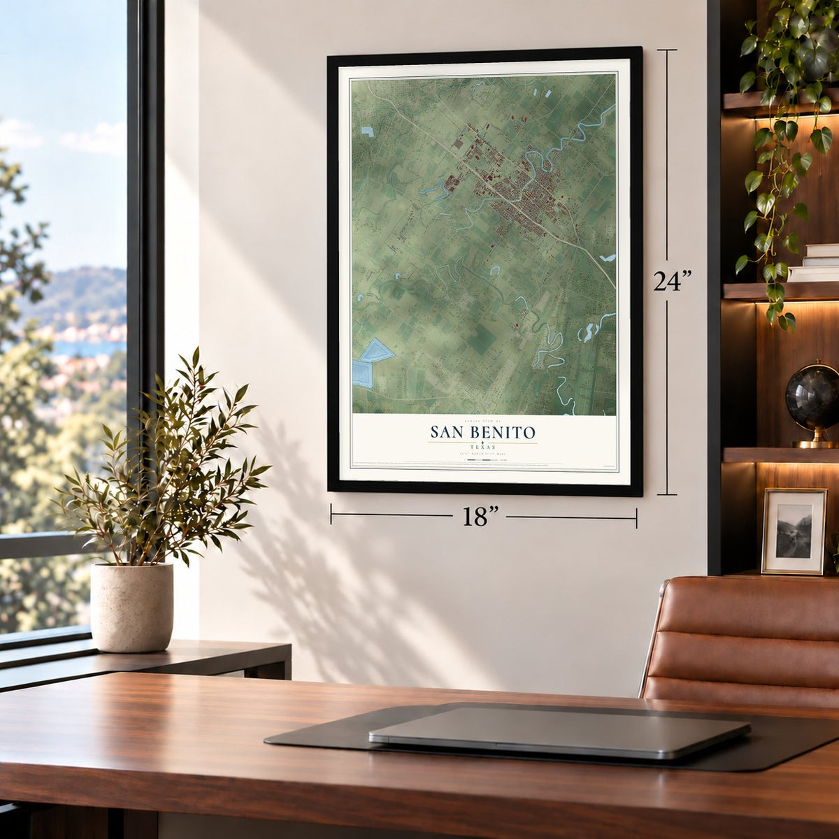 San Benito, Texas map, 18 x 24 inch print in a black frame in a home office