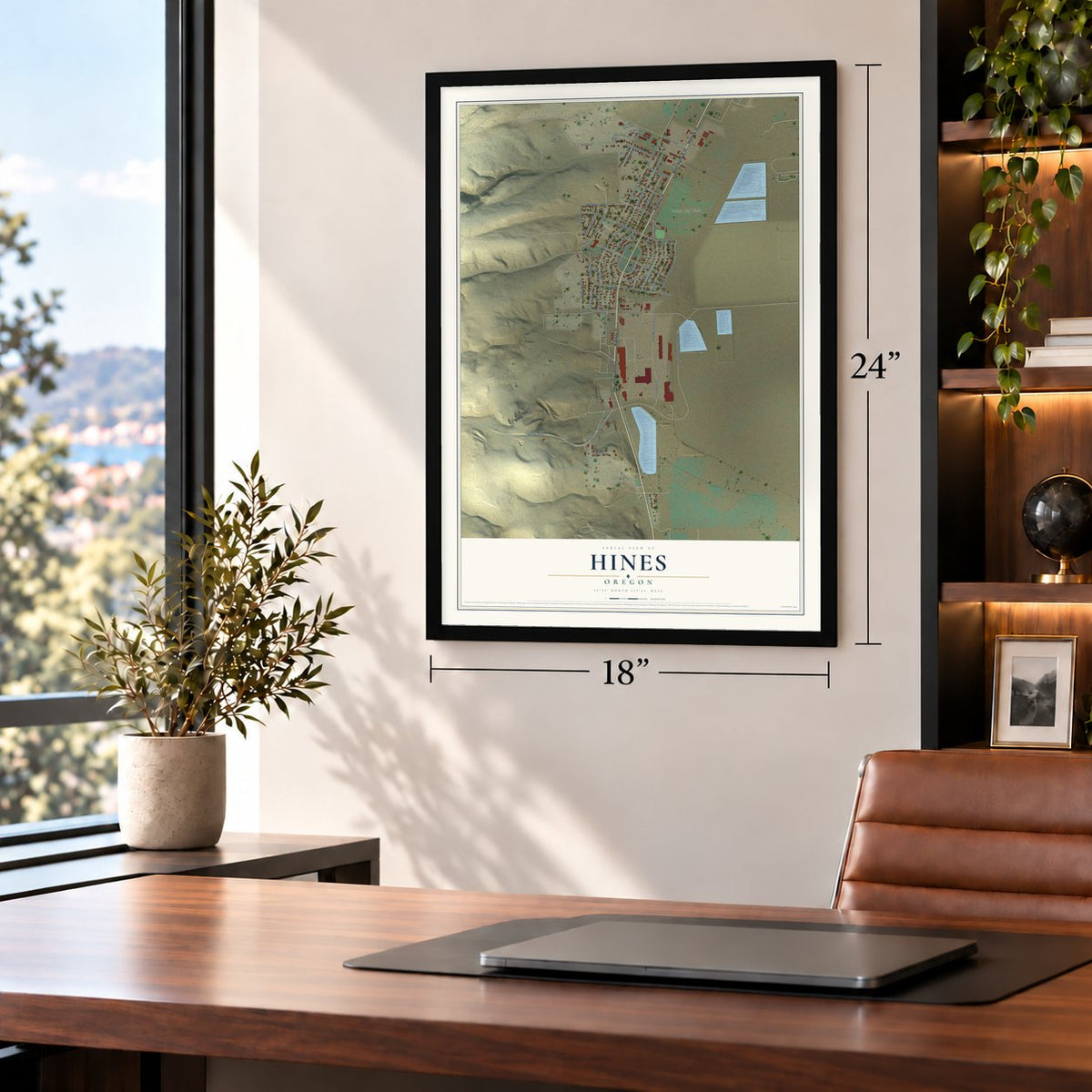 Hines, Oregon map, 18 x 24 inch print in a black frame in a home office