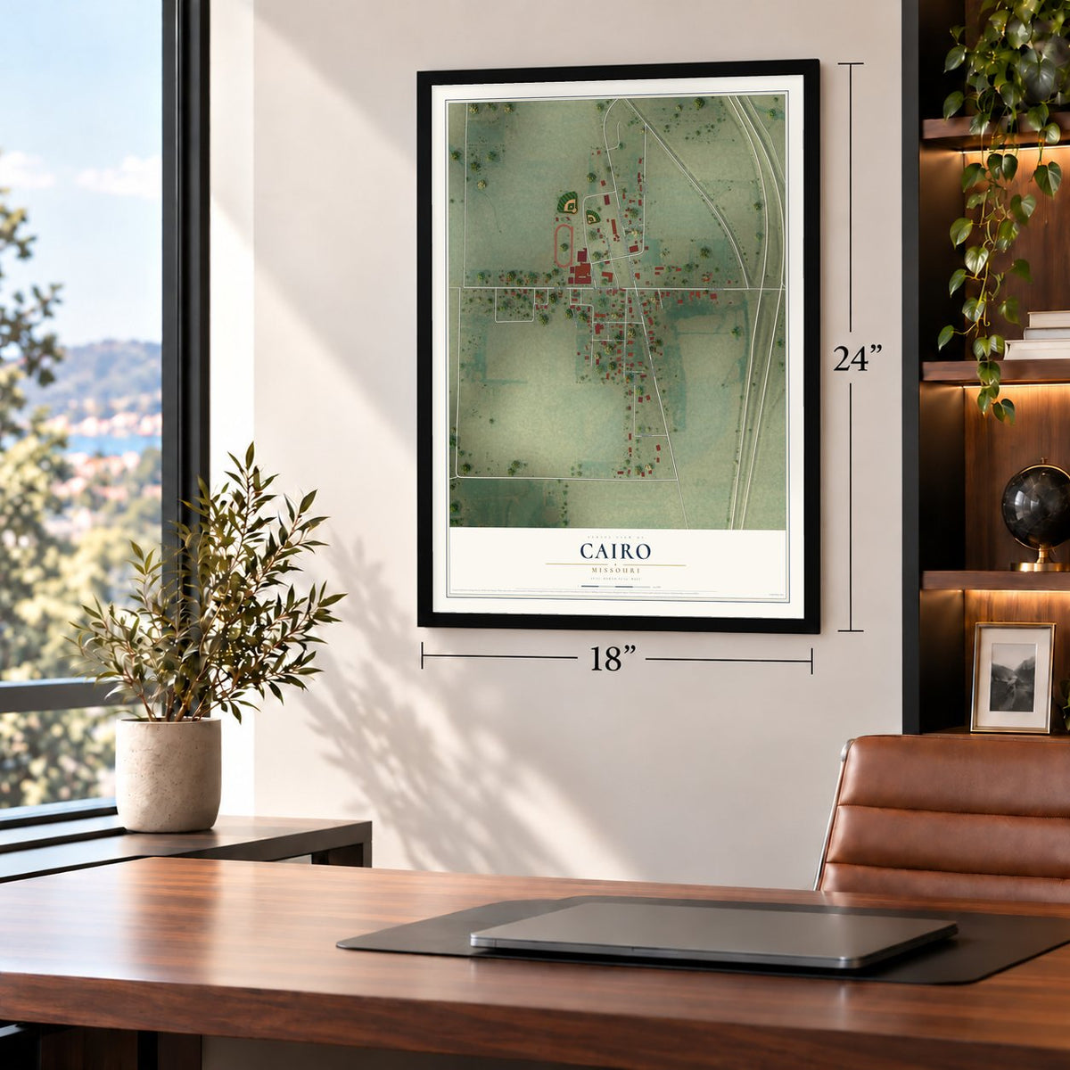 Cairo, Missouri map, 18 x 24 inch print in a black frame in a home office